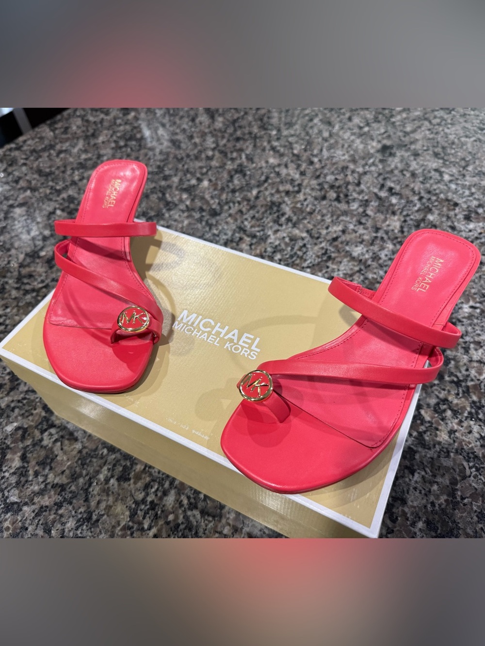 Michael Kors Coral-Red Double-Strap Slide Sandals with Gold MK Accent